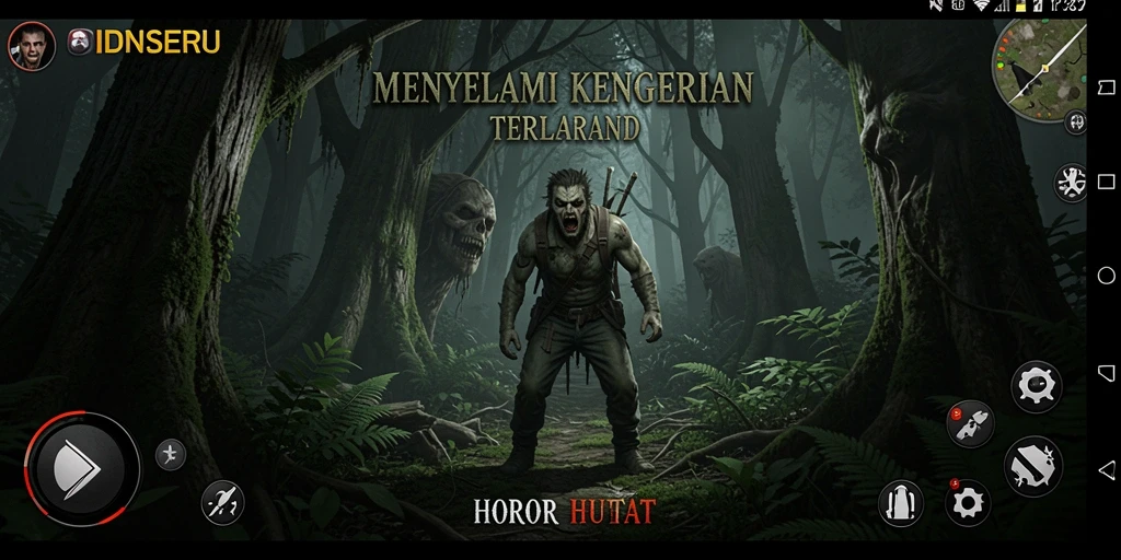 Tampilan antarmuka menegangkan dari IDNSERU dalam suasana hutan horor.