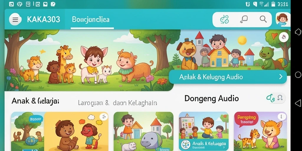 Tampilan antarmuka aplikasi Dongeng Audio KAKA303 yang ramah anak.